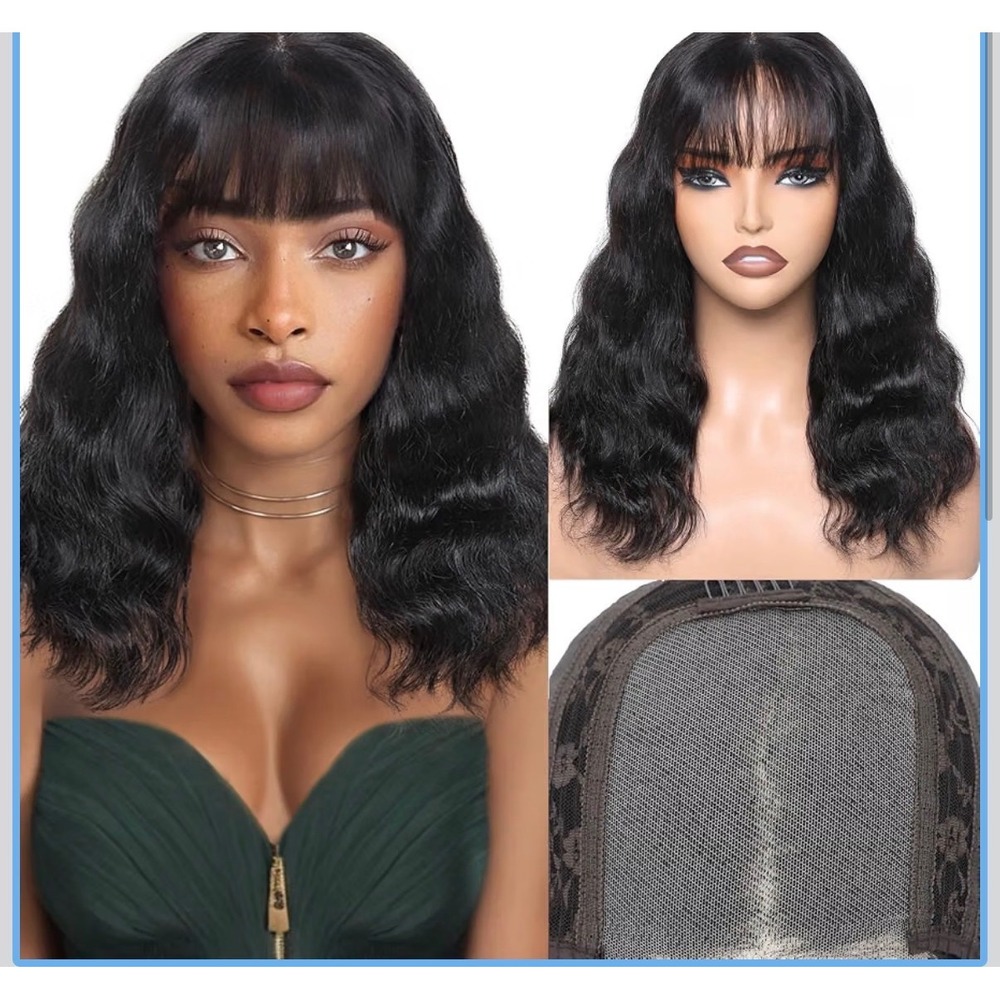 Wignee Hair Black Wavy Human Hair Wig with Bangs Glueless Lace Front Body 14''
